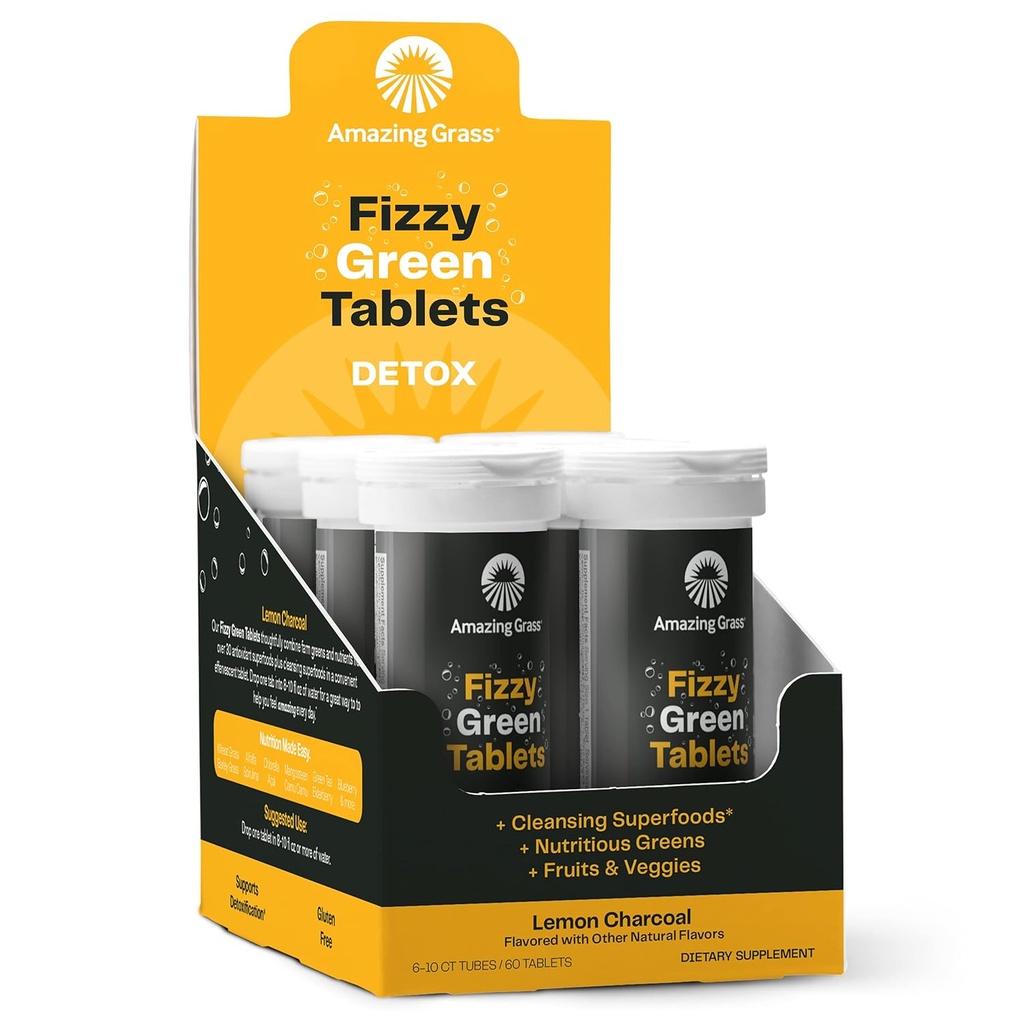 Amazing Grass Fizzy Green tabletter Detox Lemon Charcoal: Vand smag tablet med afgiftende grønne & antioxidanter, 60 Greve