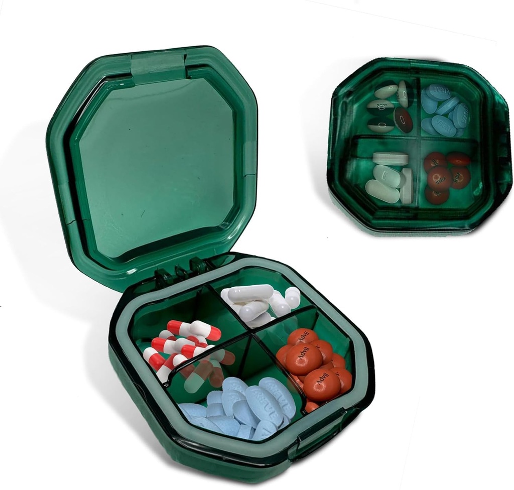 Travel Pill Organizer - Holdbar, Vandtæt Pill Case Rejsestørrelse med 4 afdelinger - Kompakt Pill Rejsetilfældet for Vitaminer, Kosttilskud, Medicin - Travel Pill Container for Purse (grøn)