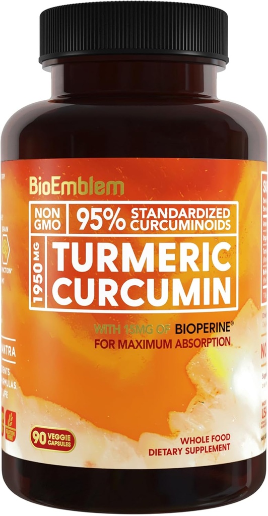Bioemblem gurkemeje Curcumin Supplement med BioPerine Mea124; fælles støtte & hjerte sundhed Mea124; med organisk gurkemeje pulver & 95% Curcuminoids Extract 124; Californien Made, Non- GMO, 30- Day Supply