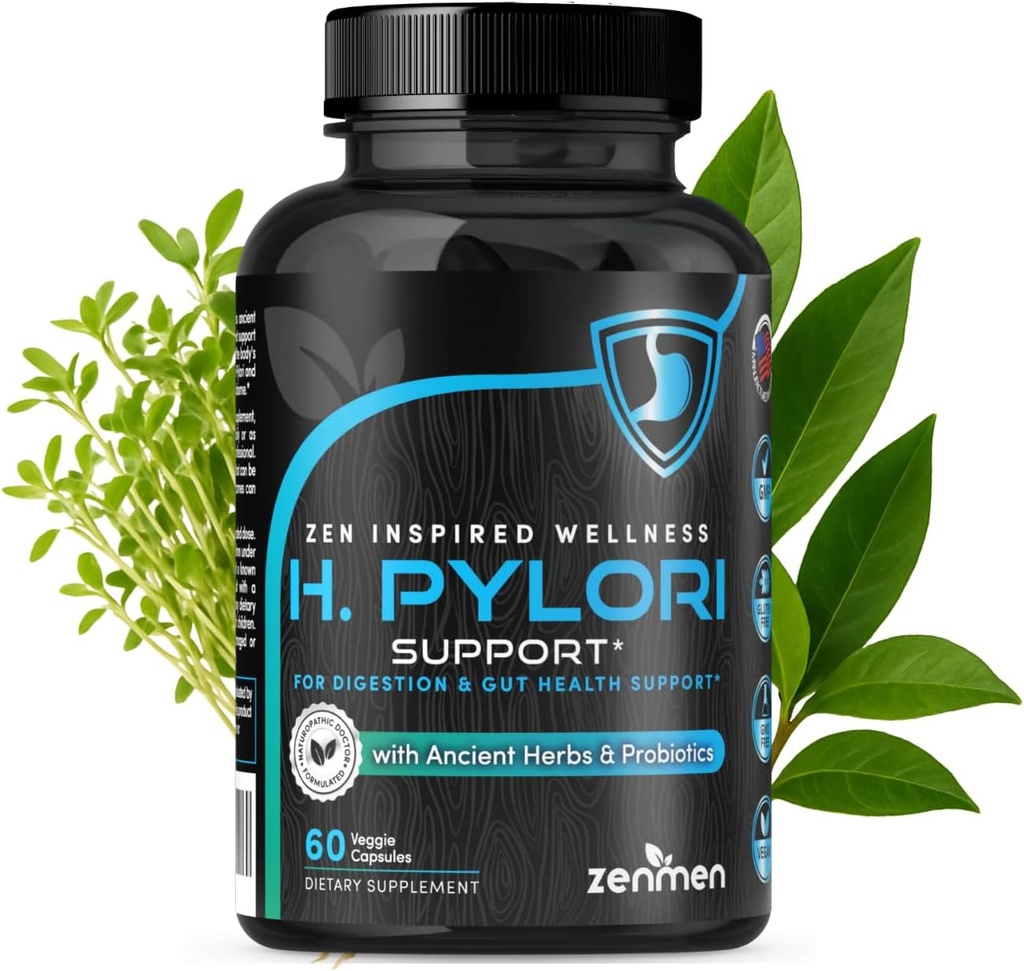 Zenmen H. Pylori Support Б124; Lactobacillus Reuteri Probiotic med Mastisk Gum til fordøjelse & GI Sundhed - Tredjeparts testet, 60 Vegan Kapsler, Made in USA