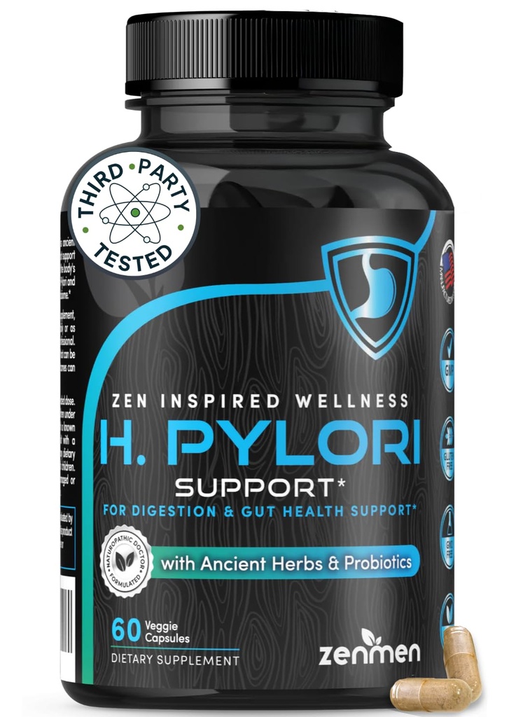Zenmen H. Pylori Support Б124; Lactobacillus Reuteri Probiotic med Mastisk Gum til fordøjelse & GI Sundhed - Tredjeparts testet, 60 Vegan Kapsler, Made in USA
