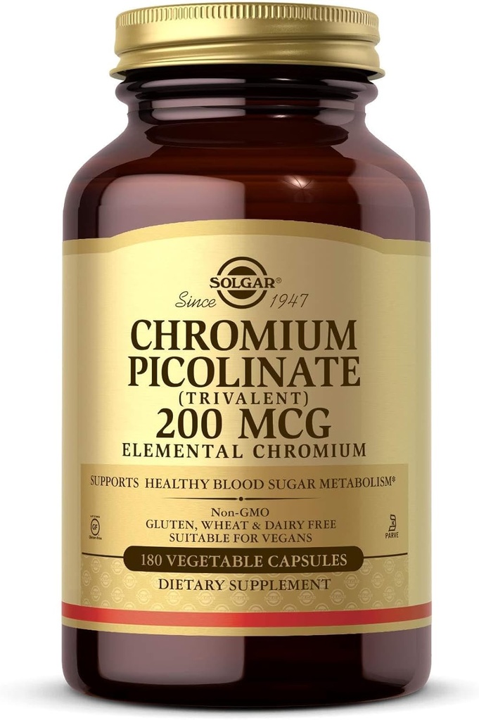 Solgar Chrom Picolinate 200 mcg, 180 Vegetabilske kapsler - Understøtter sund blodsukker Metabolisme - Non-GMO, Vegan, Gluten Free, Dairy Free, Kosher - 180 Servere