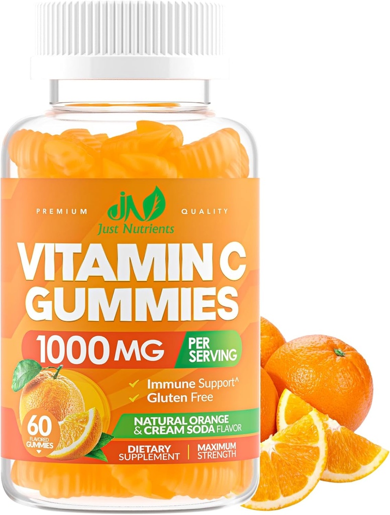 C-vitamin Gummies 1000mg til voksne og børn - Chewable Multivitamin med zink til immunsystemet & kollagen Støtte til hud - Orange flavor - Gluten fri, ikke-GMO, Vegetar - 60 Gummies