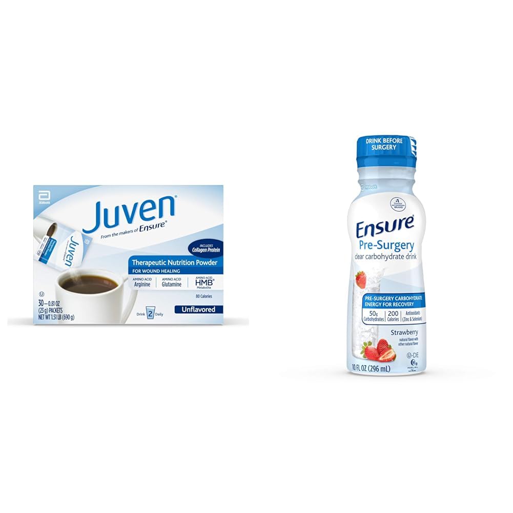 Juven Therapeutic Nutrition Drink Mix Powder for Wund Healing Support, Inkluderer Collagen Protein, Unflavored, 30 Greve & Sikre Pre- Kirurgi, Clear Carbohydrate Drink, Strawberry, 10 Fl Oz (Pack of 4)