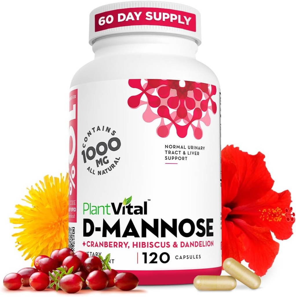 Plantvital D Mannose Kapsler med Cranberry - D- mannose 1000mg Kapsler - Høj potens for Brege, Nyre og Urinary Tract Support. Tranebær pulver med Hibiscus og Mælkebøtte. 2 Måneders forsyning
