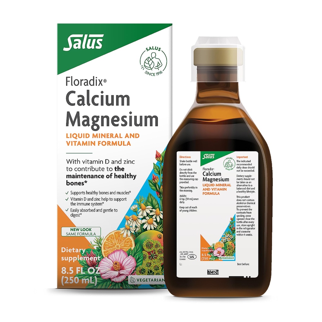 Floradix Calcium Magnesium Flydende Mineral & Vitamin Formel - Bone Support Supplement med Calcium, Magnesium, Vitamin D & Zink - Vegetar & Non- GMO - 8.5 fl oz