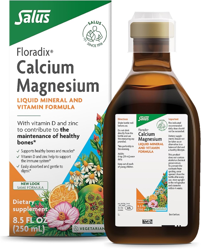 Floradix Calcium Magnesium Flydende Mineral & Vitamin Formel - Bone Support Supplement med Calcium, Magnesium, Vitamin D & Zink - Vegetar & Non- GMO - 8.5 fl oz