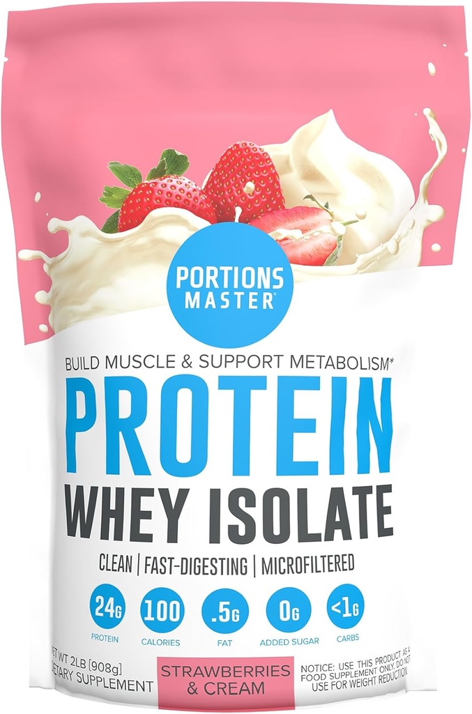 Portions Master CFM Valleisolat Protein Powder, 2 LB, 23g lav Carb, lav fedt, Cold- Forarbejdede, hurtig Absorbing, Muscle Growth & Recovery Support (Jordbær & Cream)