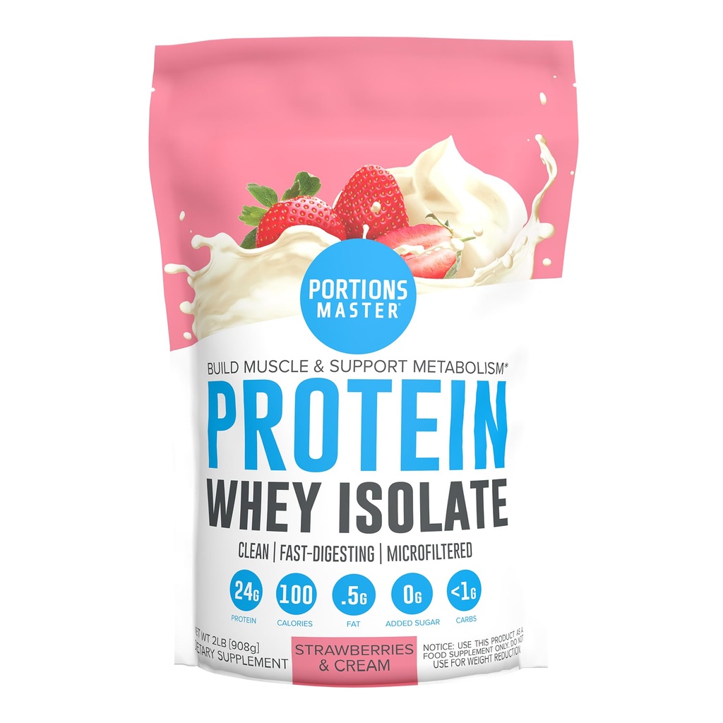 Portions Master CFM Valleisolat Protein Powder, 2 LB, 23g lav Carb, lav fedt, Cold- Forarbejdede, hurtig Absorbing, Muscle Growth & Recovery Support (Jordbær & Cream)