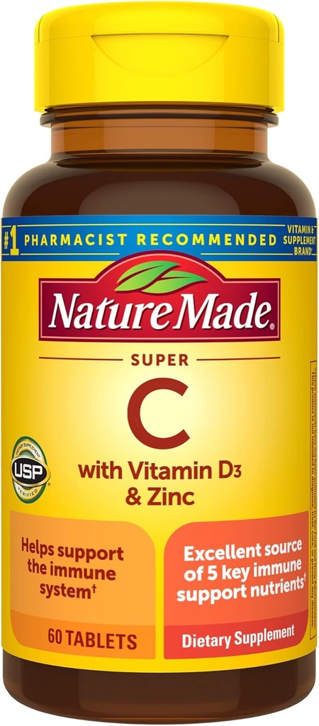 Nature Made Super C med vitamin D3 og zink, Kosttilskud til immunforsvar, 60 tabletter, 60 dages forsyning