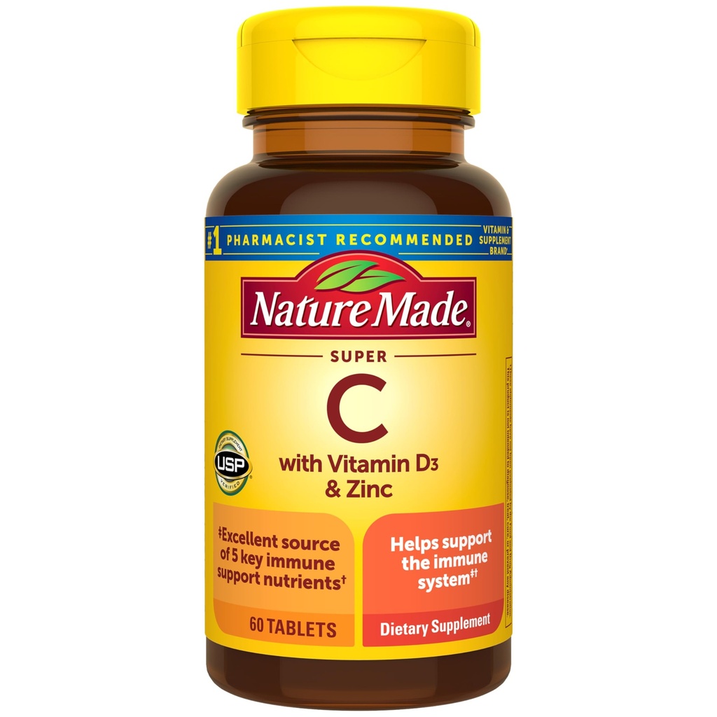 Nature Made Super C, C-vitamin og zink med vitamin D3, Kosttilskud til immunforsvar, 60 tabletter, 60 dages forsyning