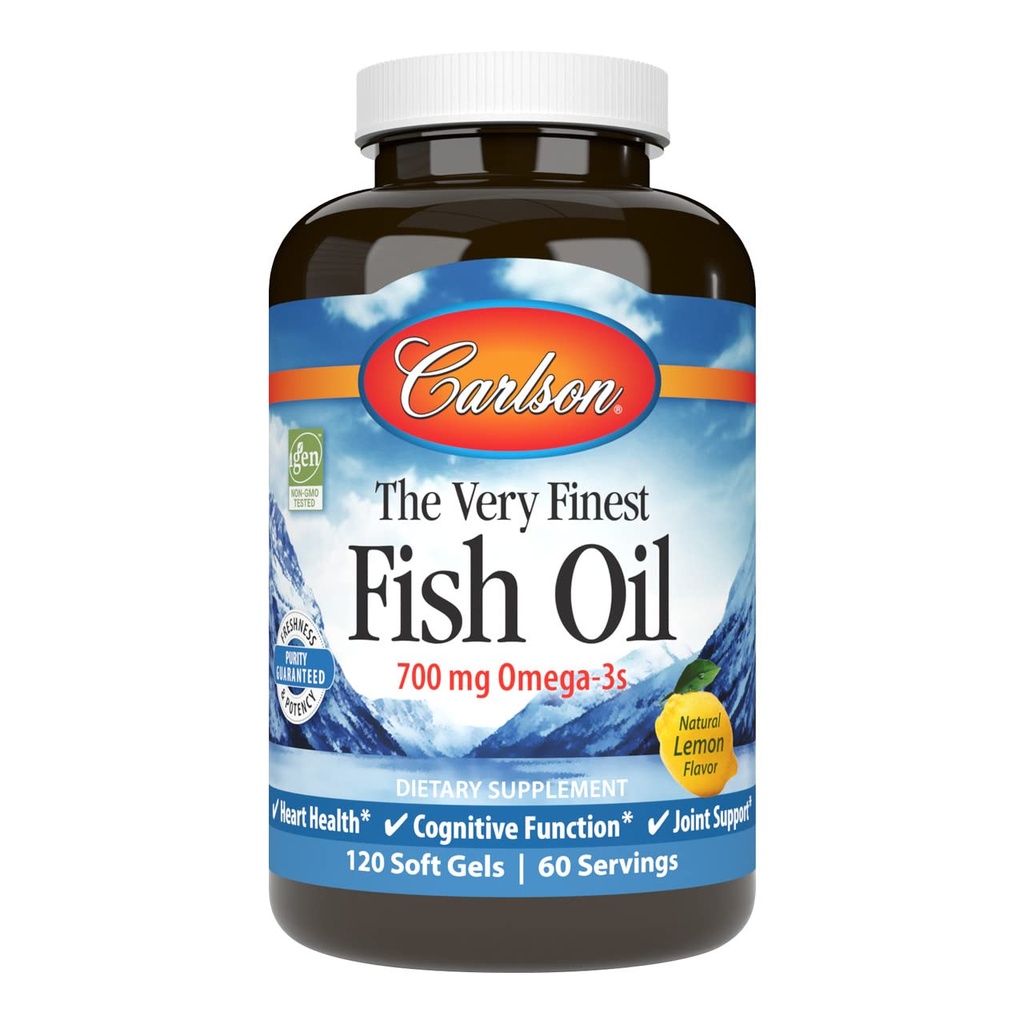 Carlson - Den meget fineste fiskeolie, 700 mg Omega- 3s, Norwegian Fish Oil Supplement, Wild Fanget Omega-3 Fish Oil, bæredygtigt sourced Fish Oil Capsules, Omega 3 Supplement, Lemon, 120 Softgels