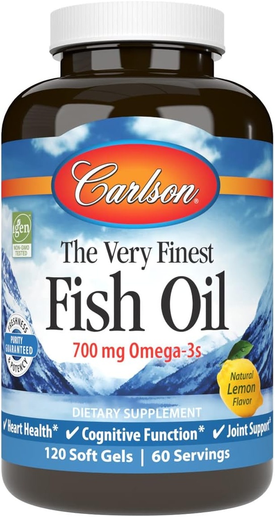 Carlson - Den meget fineste fiskeolie, 700 mg Omega- 3s, Norwegian Fish Oil Supplement, Wild Fanget Omega-3 Fish Oil, bæredygtigt sourced Fish Oil Capsules, Omega 3 Supplement, Lemon, 120 Softgels
