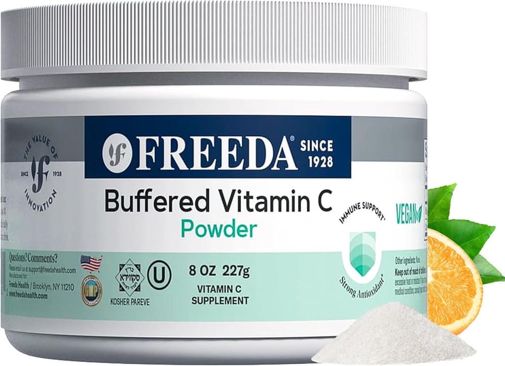 FREEDA Buffered C-vitamin pulver (Calcium Ascorbat) - Non-Acid, Stomach- Friendly C-vitamin til sensitive personer - Vegan, Kosher, Sugar- Free immunforsvar - 8 oz