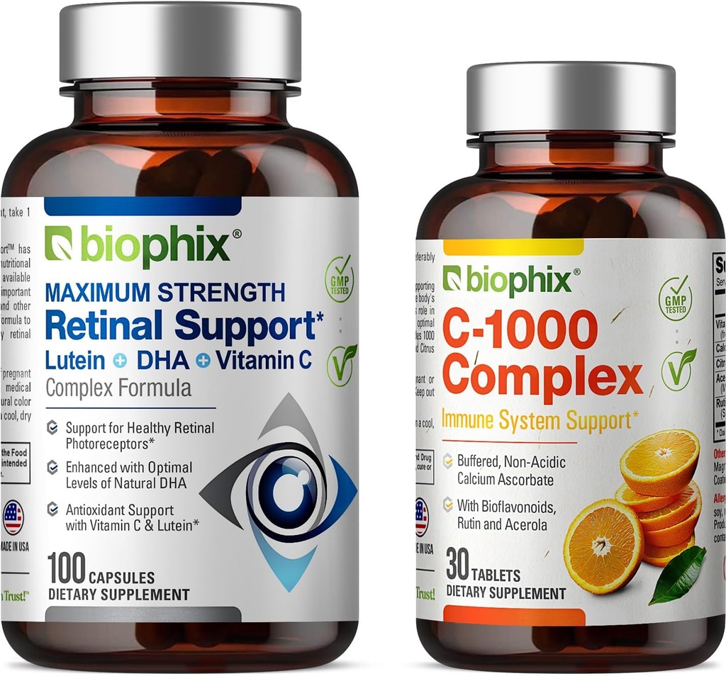 biophix Retinal Support Maximum Strength Complex Formel 100 Kapsler - Gratis C- 1000 30 Tablets - Zink Vitamin C E Lutein DHA Omega-3 Astaxanthin Hyaluronsyre - Understøtter Eye Vision Health