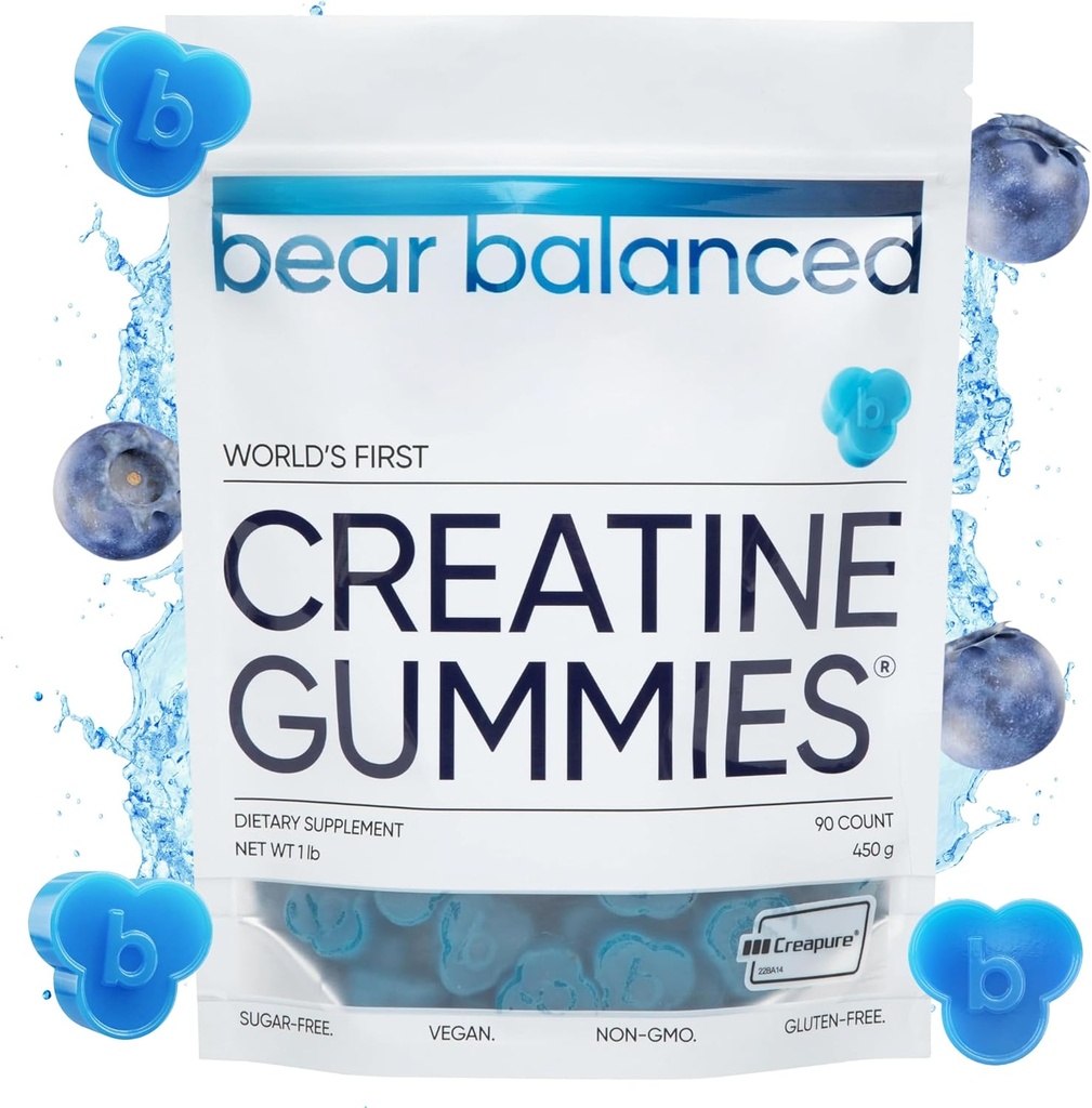 Bear Balanced Creatin Gummies for Mænd & Kvinder - Creapure ® Creatinine monohydrat, L-Theanine, L-Tyrosine & B12 for Muskelvækst, Styrke, Focus, Energy & Health - Lav kalorie, sukkerfri, & Vegan