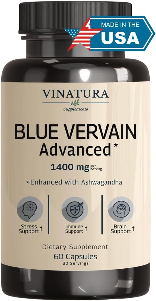 Vinatura Blå Jernurt Avanceret med Ashwagandha - 1400mg per serv, Blå Jernurt Kapsler, Blå Jernurt Tea Alternativ, Brain Health, Stress Relief, Ashwagandha Kosttilskud - 60 Kapsler