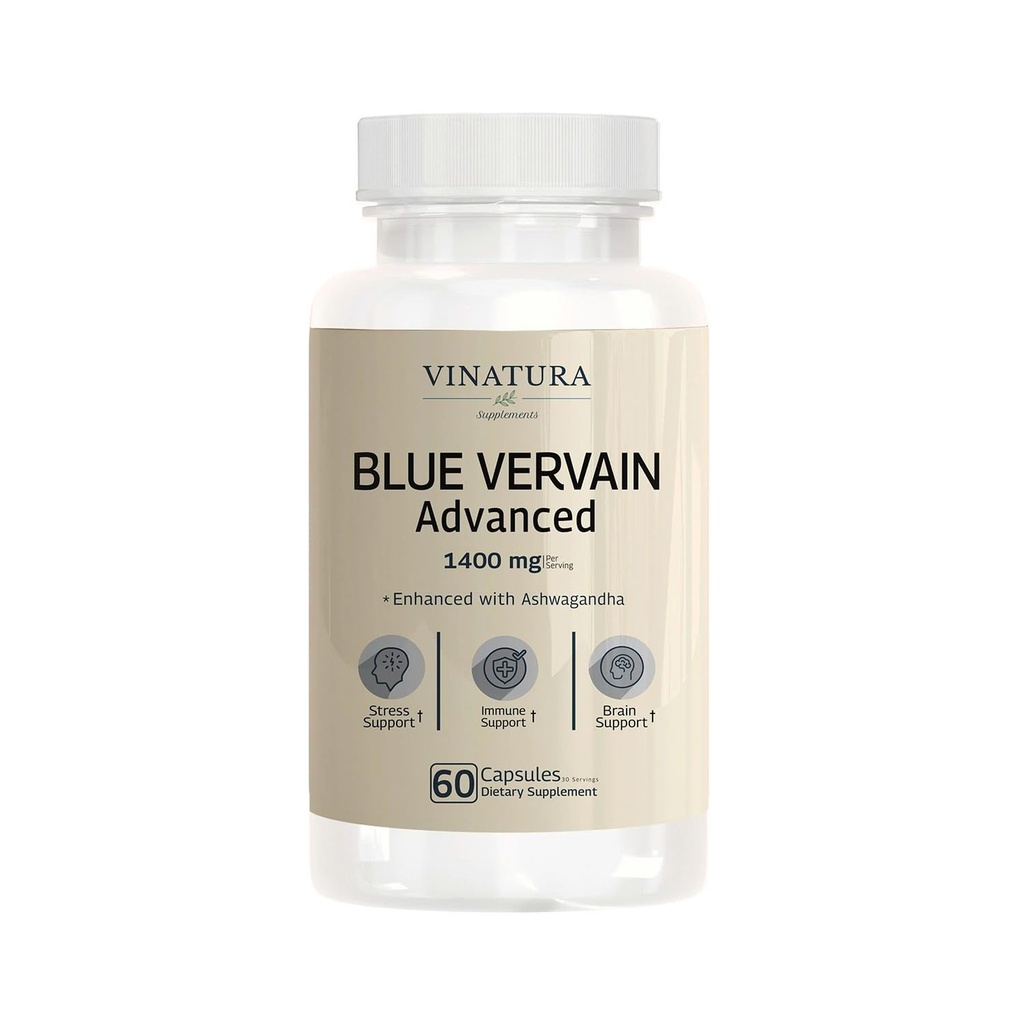 Vinatura Blå Jernurt Avanceret med Ashwagandha - 1400mg per serv, Blå Jernurt Kapsler, Blå Jernurt Tea Alternativ, Brain Health, Stress Relief, Ashwagandha Kosttilskud - 60 Kapsler