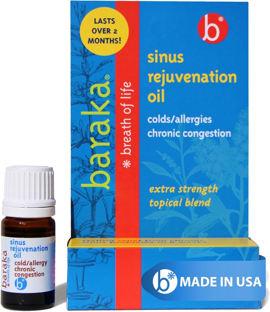 Baraka Sinus foryngelse Oil - Blend of 6 Organic Essential Oliils for Clear Nasal Breathing, Eases Sinus Pressure, & Tilbud Afslappende Nasal Health Support Budd124; Ideel til daglig brug - 4ml (1- Pack)