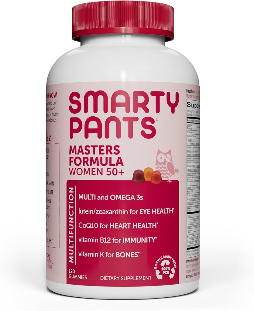 SmartyPants Multivitamin Gummy til kvinder 50 og derover: Omega 3 Fiskeolie (EPA / DHA), Methylfolat, CoQ10, Vitamin D3, C, Vitamin B12, B6, A, K & Zink, Biotin, Gluten Free, 120 Greve (30 dages forsyning)