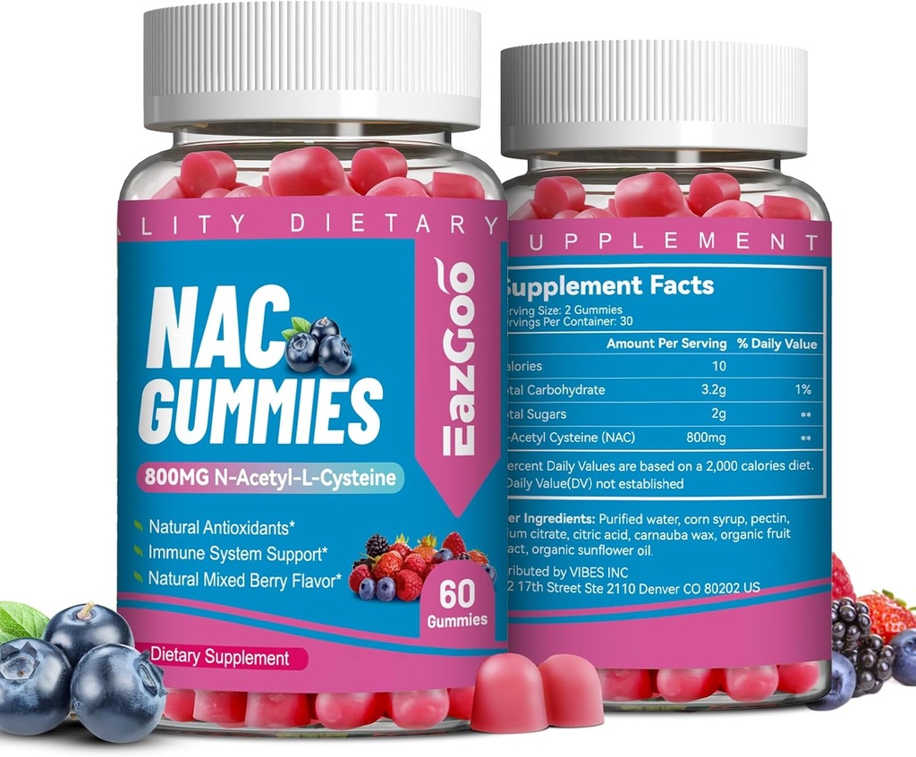 NAC Gummies 800mg, N- Acetyl Cysteine Supplement, NAC Supplement for immunsystem & antioxidant, Non- GMO, Gluten Free, Vegan - 120 Counts