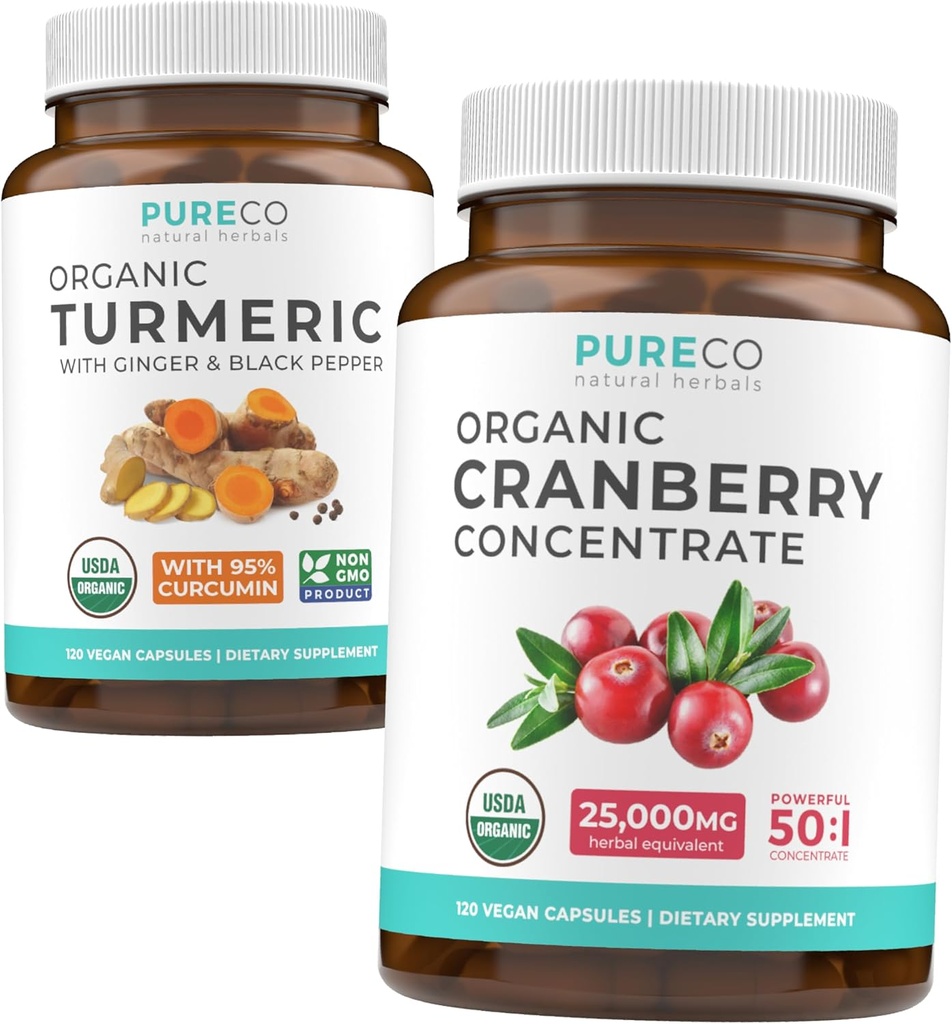 Gurkemeje & Tranebær Koncentrat (4 - Måned Supply) Tranebær Curcumin Bundle af Økologisk Gurkemeje med Sort Peber & Ingefær (120 Caps) & Økologisk Tranebær Koncentrat 50: 1 Uddrag (120 Caps)