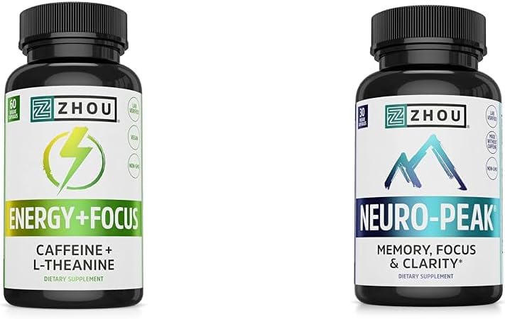 Zhou Coffein 100mg L- Theanin 200mg Nootrope 60 kapsler og Neuro Peak Brain Support DMAE Bacopa 30 kapsler