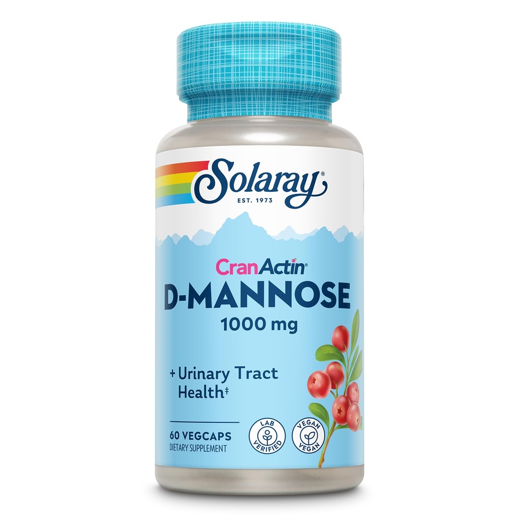 Solaray D- Mannose 1000mg med CranActin Cranberry Extract - D Mannose Cranberry tillæg med C-vitamin - understøtter urinveje og Brege Sundhed - Vegan, 60 dag garanti, 30 Servere, 60 VegCaps