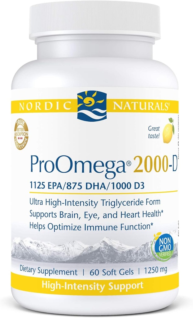 Nordiske Naturals ProOmega 2000- D - Fish Oil, 1125 mg EPA, 875 mg DHA, 1000 IE D3-vitamin, cardiovaskulær, neurologisk, øje, og immunforsvar, Lemon Flavor, 60 Soft Gels
