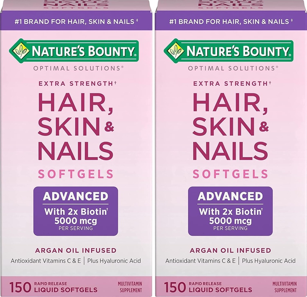 Naturens Bounty Hår, Hud & Nails Rapid Release Softels, Argan- Infunded Vitamin Supplement med Biotin og Hyaluronsyre, Understøtter hår, hud, og negle sundhed for kvinder, 150 Greve (pakke med 2)