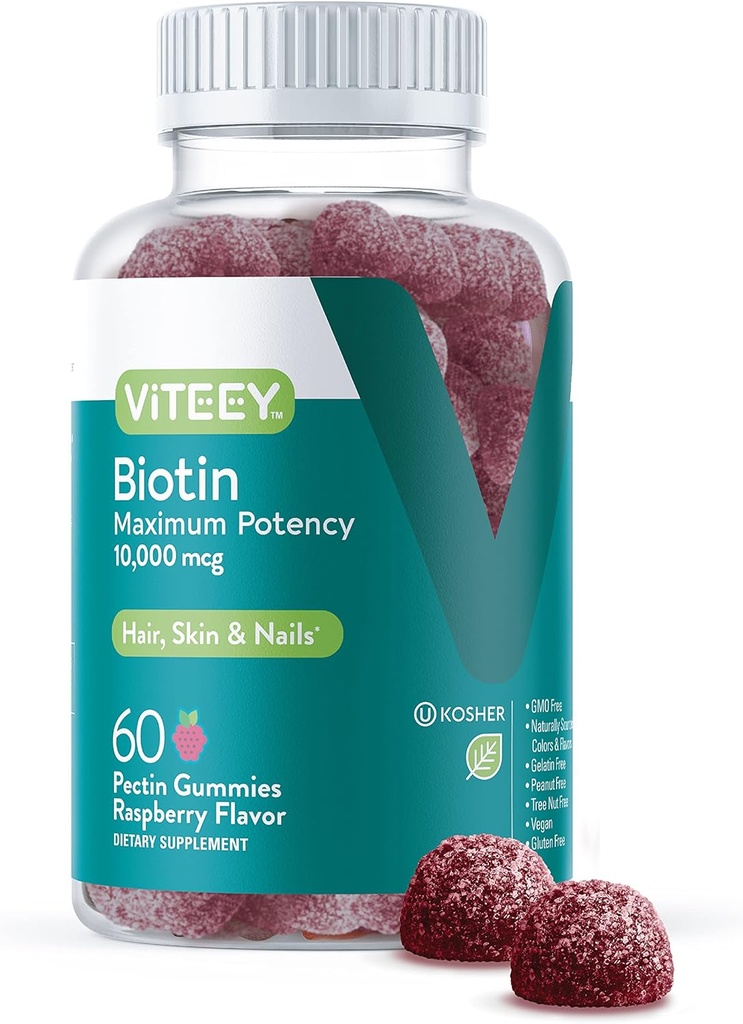 Viteey Biotin Gummies for hår hud og negle - Biotin for hårvækst Gummies - 10.000 mcg - Vegan, Gluten- Free, Non-GMO - 60 Greve