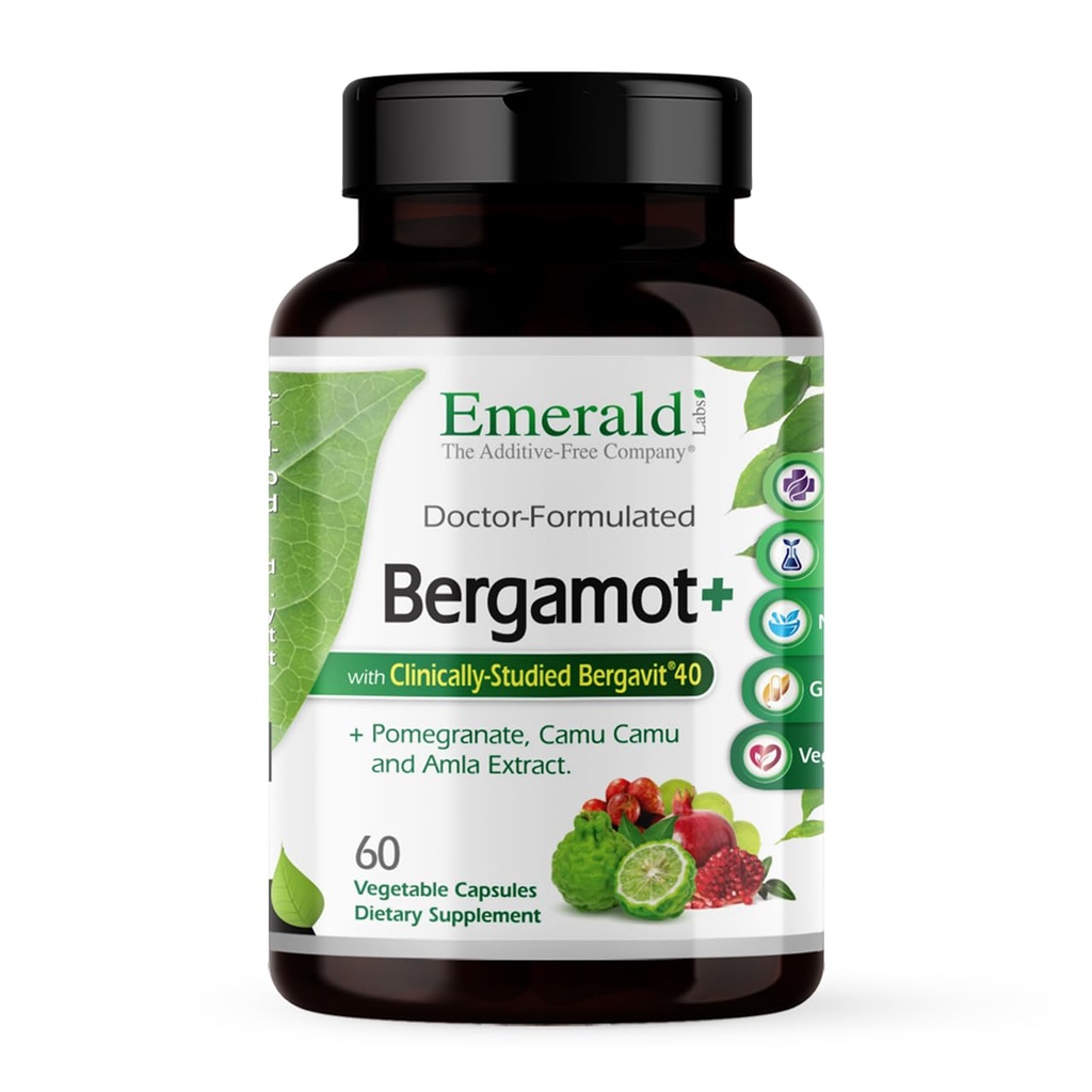 EMERALID LABS Bergamot + - Understøtter Metabolisme og hjerte sundhed med Bergamot, Pomegranat, Amla & Camu Camu - Gluten- Free & Vegan - 60 vegetabilske kapsler (30 Servere)