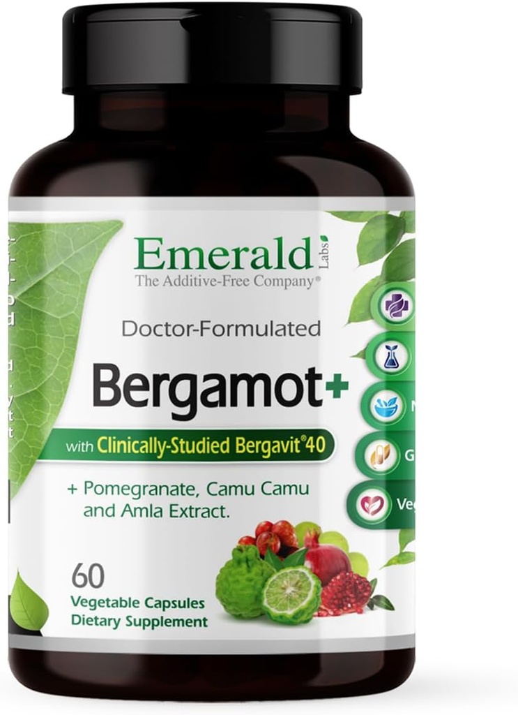 EMERALID LABS Bergamot + - Understøtter Metabolisme og hjerte sundhed med Bergamot, Pomegranat, Amla & Camu Camu - Gluten- Free & Vegan - 60 vegetabilske kapsler (30 Servere)