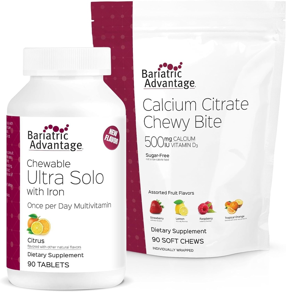 Bariatric Advantage Chewable Ultra Solo med jern - Citrus, 30 Grev og Calcium Citrat Chewy Bites 500 mg - Assorted Fruit Flavor, 90 Greve