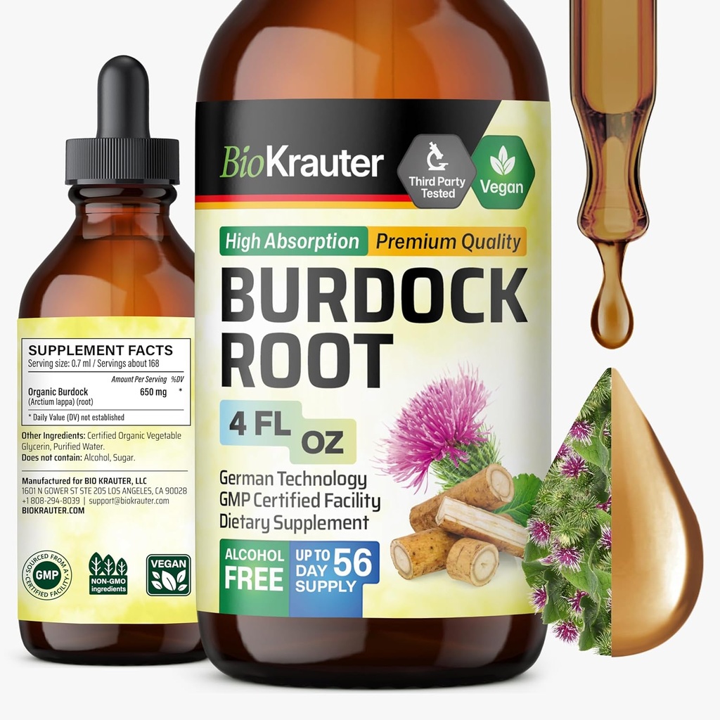BIO KRAUTER Burdock Root tinktur - Antioxidant Support Liquid Supplement - Burdock Root Extract - Alkohol og sukker fri - Vegan Drops 4 Fl.Oz.