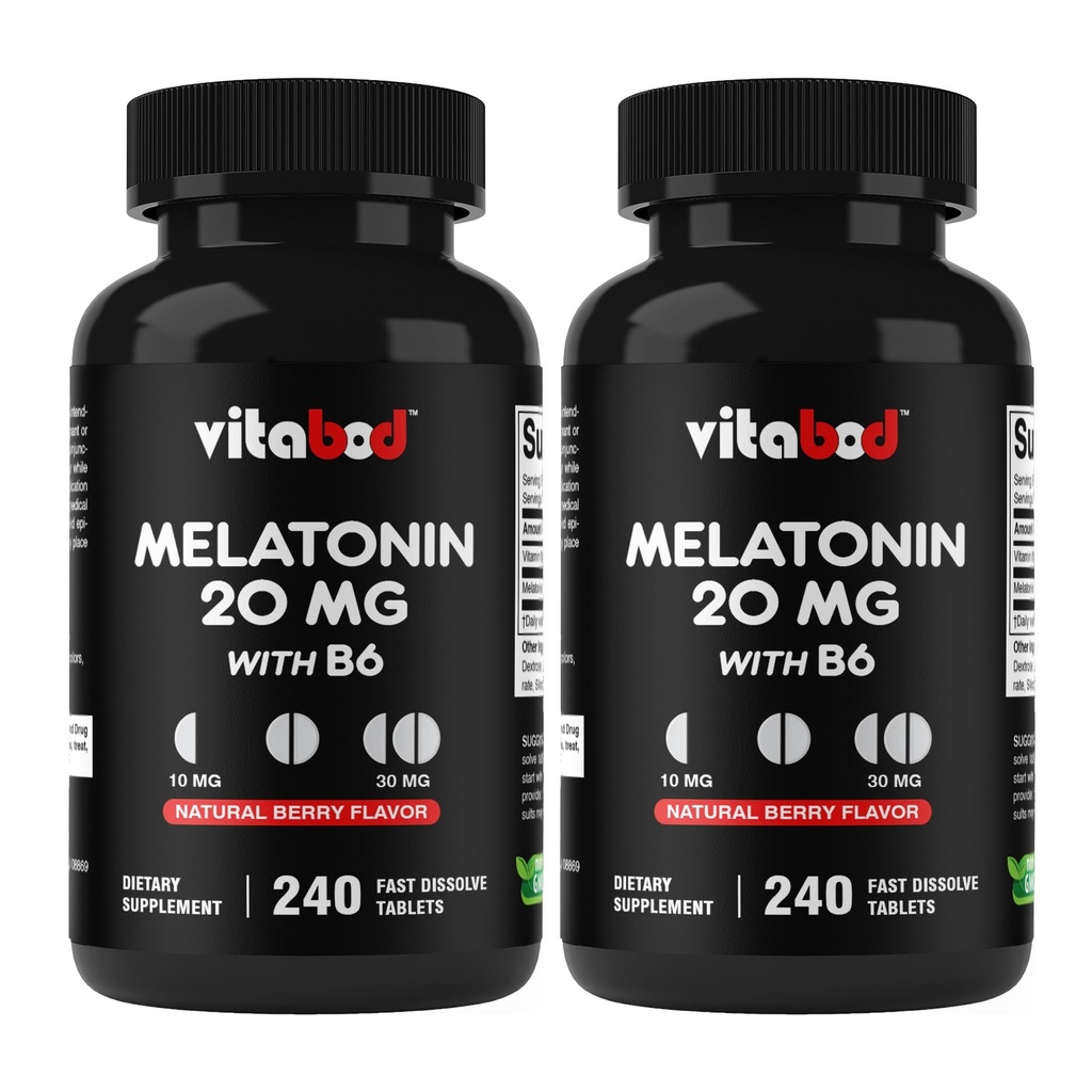 Melatonin 20 mg - 240 Fast Dissoltion Tablets - Drug Free - Natural Berry Flavor - Vegetar, Non- GMO, Gluten Free 240 Greve (pakke med 2)