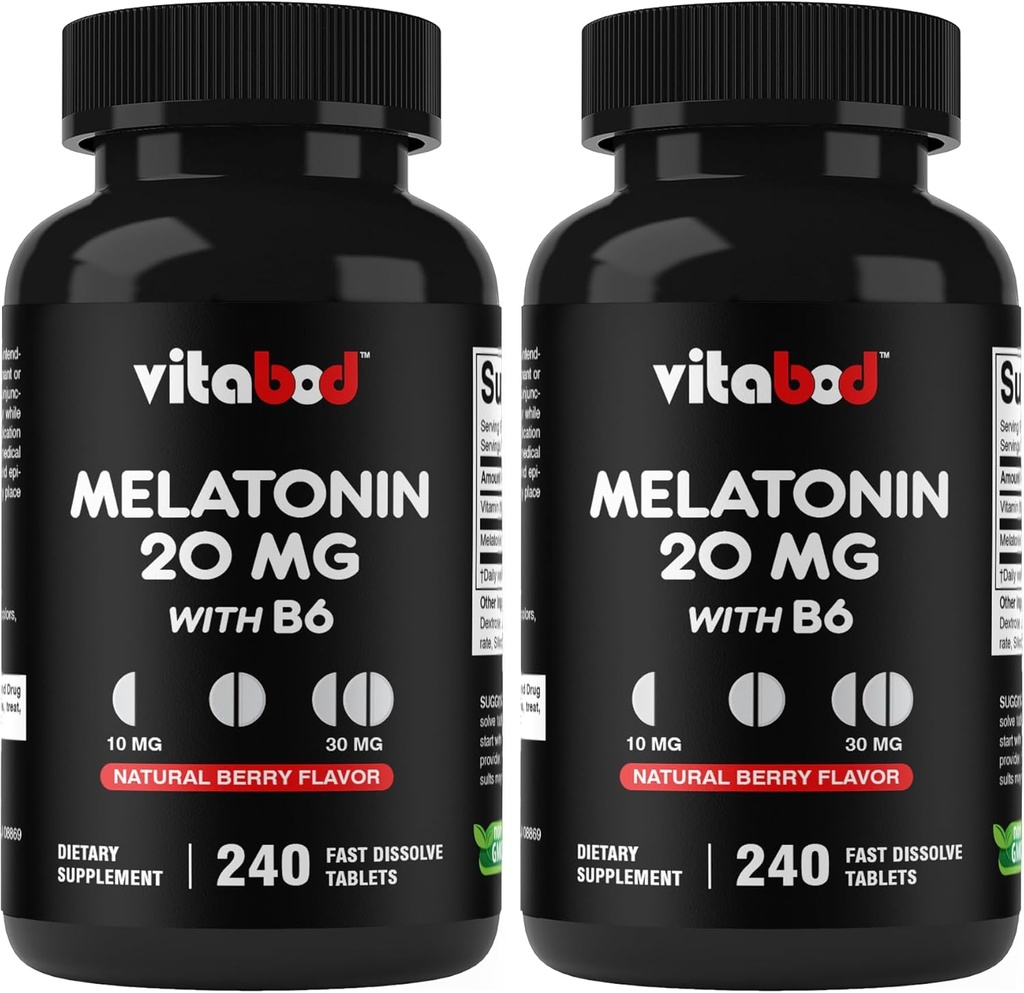 Melatonin 20 mg - 240 Fast Dissoltion Tablets - Drug Free - Natural Berry Flavor - Vegetar, Non- GMO, Gluten Free 240 Greve (pakke med 2)