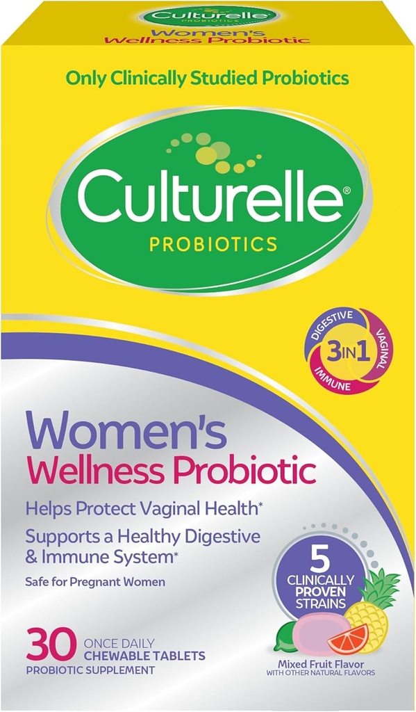 Culturelle kvinders Wellness, Daglig Chewable Probiotika for Kvinder - Understøtter fordøjelsessygdomme, vaginal og immunforsvar sundhed, Lejlighedsvis Diarré, Gas & Bloating - Non- GMO - 30 Greve