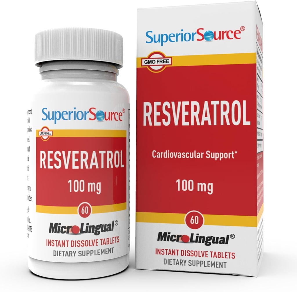 Superior Source Resveratrol 100 mg - Kosttilskud til sund aldring - Understøtter hjerne og hjerte sundhed - Non- GMO & Gluten- Free - 60 MicroLingual Instant- Opløs tabletter