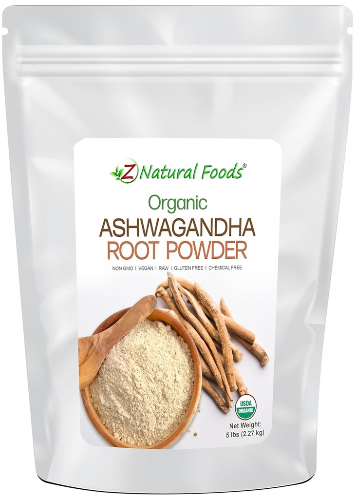 Z Natural Foods Organic Ashwagandha Root Powder - Bulk 5 LB størrelse - Kraftfuld Adaptogen & Ayurvedic Superstar - Gør dine egne kapsler og piller - 100% Pure, Raw, Kemisk fri, Non- GMO