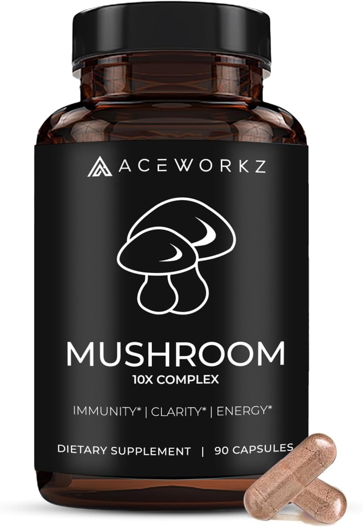 ACEWORKZ 10 Mushroom Complex Supplement - Lion 's Mane, Reishi, Cordyceps & mere - Hjerne Sundhed, Hukommelse & Fokus Nootrop - Energi og immunforsvar (90 kapsler)