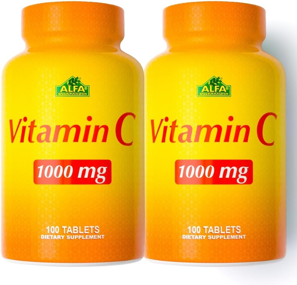 ALFA VITAMINS C-vitamin Supplement 1000mg, kraftfuld antioxidant til immunforsvar og sund hud, fremmer kollagen dannelse, Kosttilskud til daglig wellness, 100 tabletter, 2 flasker