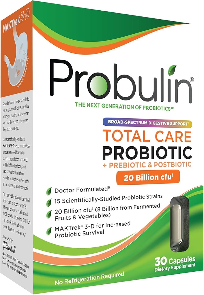 Probulin Total Care Probiotic Supplement, Daglig Gut, fordøjelsesbesvær, og immunforsvar Probiotika kapsler til mænd og kvinder, 20 Millioner CFU, Vegan, 30 Count Box