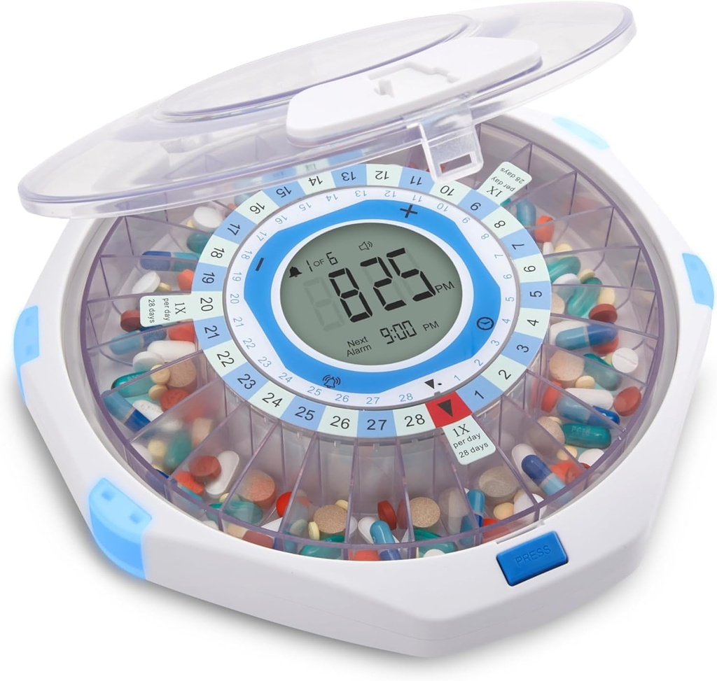 LiveFine WiFi Automatic Pill Dispenser og Remote Medication Monitoring System med låsenøgle, 28-dages Medication Organizer Op til 9 doser Per, Justerbar lys / lyd alarmer til receptioner & Vitami