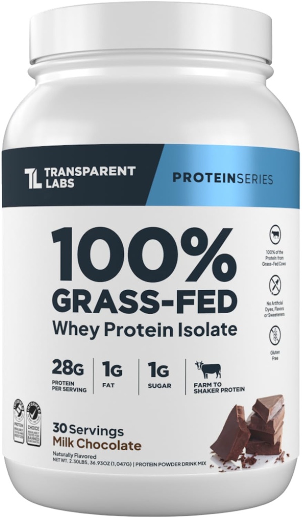 Transparent Labs Grass- Fed Whey Protein Isolate - naturligt aromatiseret, Gluten Free Whey Protein Powder med 28 g protein per servering & 9 Aminosyrer - 30 Servere, Mælk Chokolade