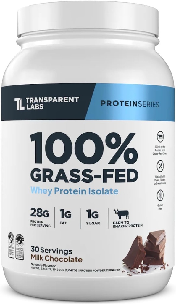 Transparent Labs Grass- Fed Whey Protein Isolate - naturligt aromatiseret, Gluten Free Whey Protein Powder med 28 g protein per servering & 9 Aminosyrer - 30 Servere, Mælk Chokolade