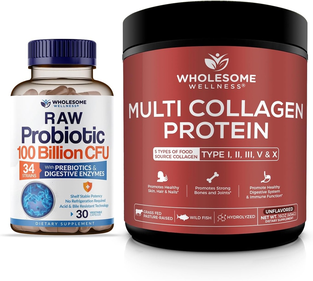 Groundome Wellness Organic Probiotics 100 Millioner CFU, Dr. Formuleret til kvinder og mænd + Multi Collagen Protein Powder Hydrolyzed (Type I II III V X) Bundle