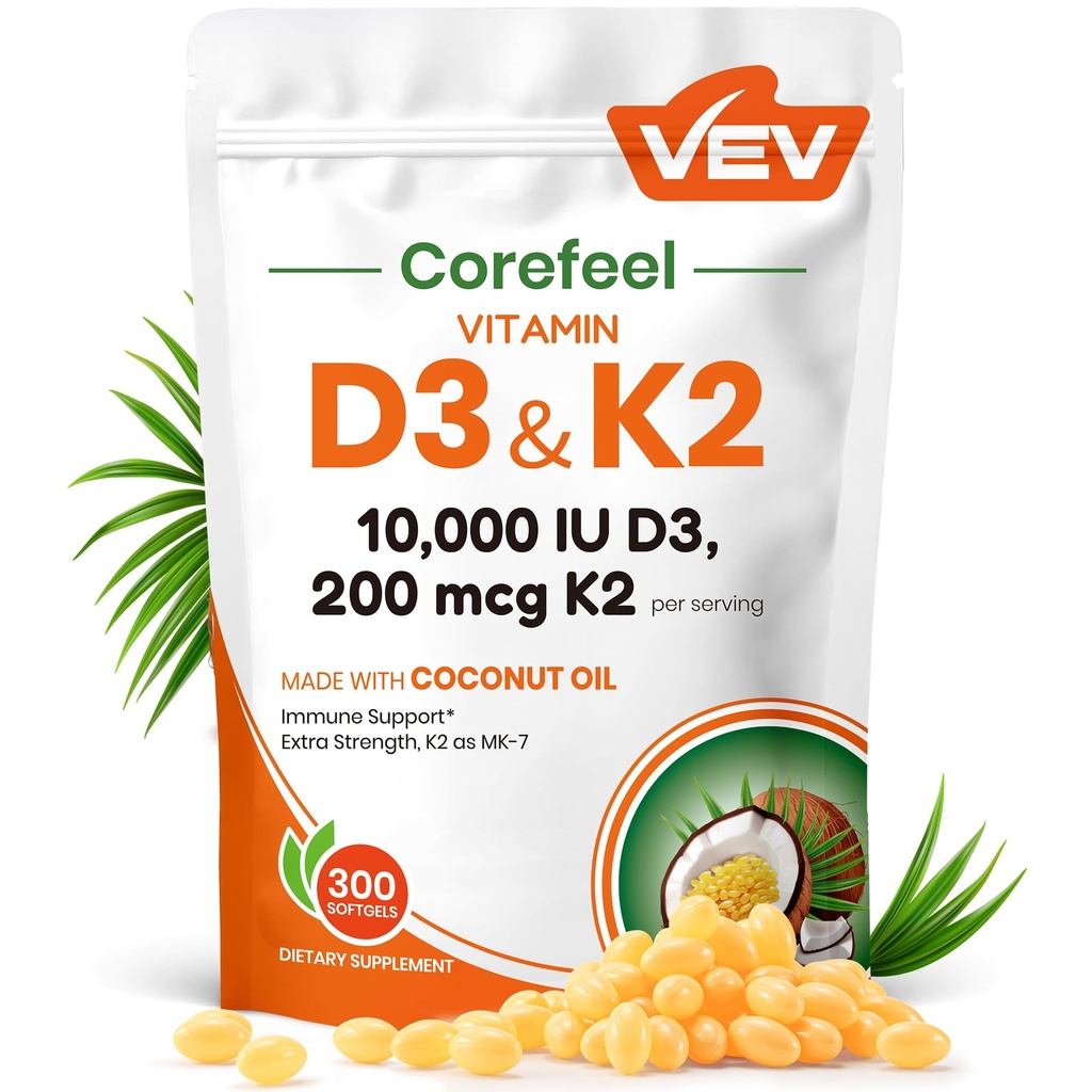 VEV Corefeel Vitamin D3 K2 10.000 IE, 200 mcg MK- 7, 300 Coconut Oil Softels, 2 i 1 Vitamin Supplement D & K (Include MK7), Let at synke, Understøtter Calcium Absorption, Knoglehelbred