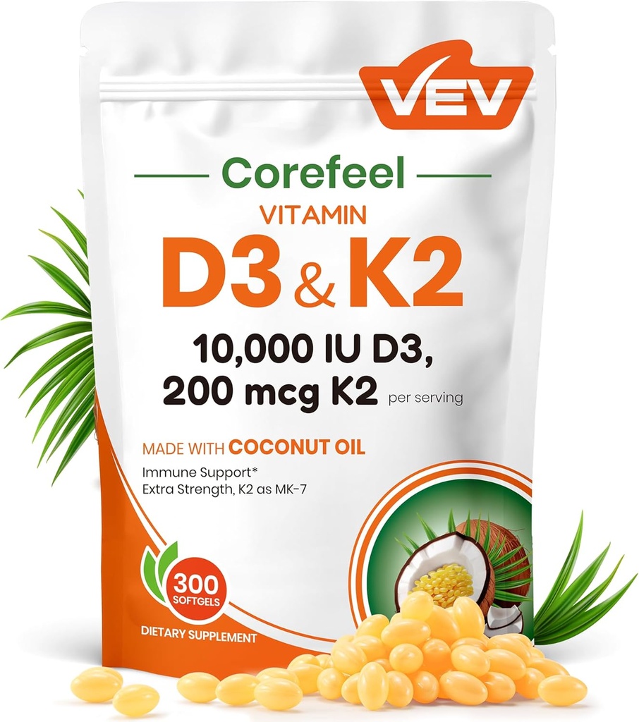 VEV Corefeel Vitamin D3 K2 10.000 IE, 200 mcg MK- 7, 300 Coconut Oil Softels, 2 i 1 Vitamin Supplement D & K (Include MK7), Let at synke, Understøtter Calcium Absorption, Knoglehelbred