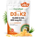 VEV Corefeel Vitamin D3 K2 10.000 IE, 200 mcg MK- 7, 300 Coconut Oil Softels, 2 i 1 Vitamin Supplement D & K (Include MK7), Let at synke, Understøtter Calcium Absorption, Knoglehelbred